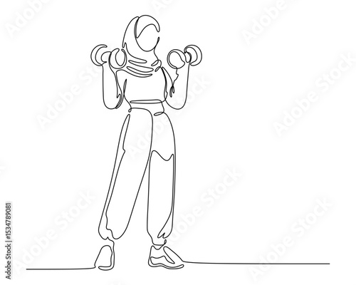 Continuous Line Drawing of a Muslim Woman in Hijab Lifting Dumbbells. Minimalist Fitness Illustration Promoting Health and Strength For Women in Modest Activewear