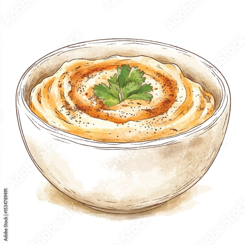 Artistic Illustration of Creamy Hummus with Parsley Garnish in a Bowl