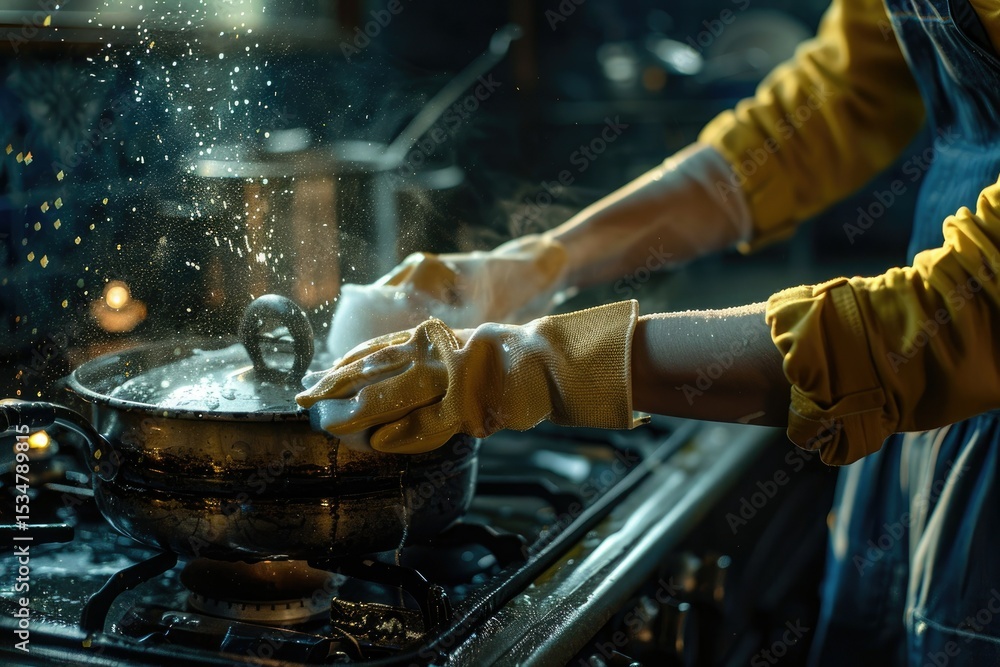 High Definition Image of Person Washing the Stove with Gloves High Definition Image of Person Washing the Stove with Gloves