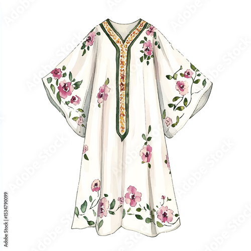 Delicate Floral Print Kaftan with Detailed Embroidered Accents