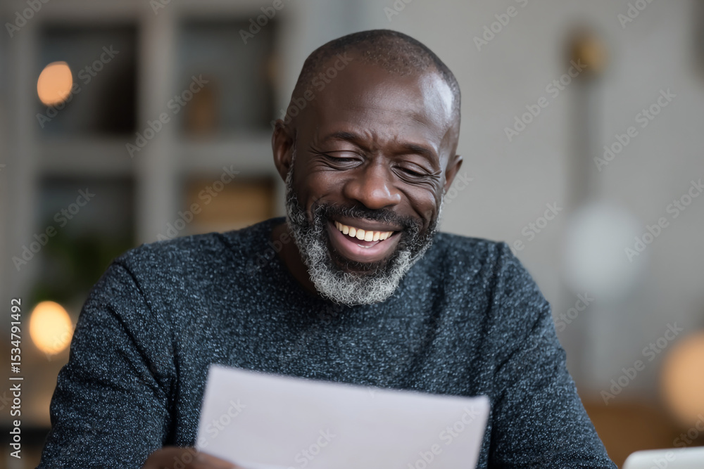 Fototapeta premium Man with gray beard laughing while holding a piece of white paper indoors
