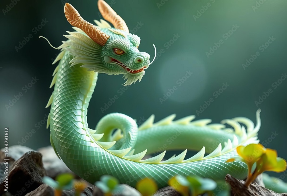 Fototapeta premium Serene jade dragon coiled gracefully, intricate details, peaceful expression, spiritual, art