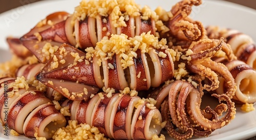 A delightful plate of baked or fried squid calamari tubes and tentacles, generously topped with an abundance of crispy fried garlic, a savory and aromatic dish.