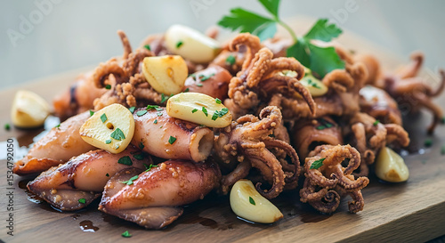 Succulent pan-fried baby squid and tentacles, glistening with oil and seasoned with fresh garlic cloves and chopped parsley, presented on a rustic wooden board.
