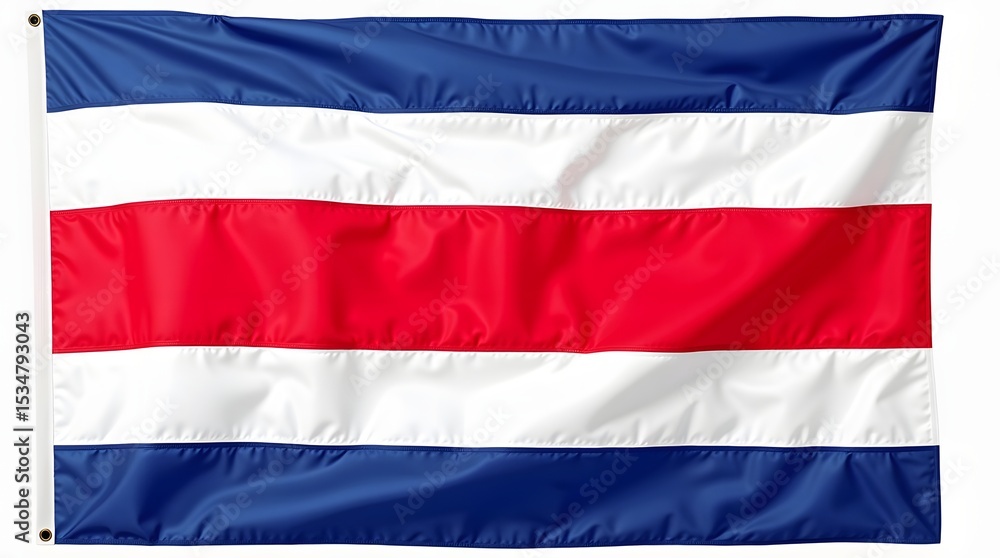 Naklejka premium Photorealistic Costa Rican flag without emblem, featuring five horizontal stripes: blue, white, red (center), white, and blue. Isolated on white background with detailed textile texture.