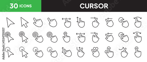 Cursor icon set in line style. Collection of click and tap linier icons. including head, eyes, ear, mouth, heart, bone, teeth, brain, hair, etc. Editable stroke