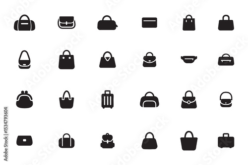 Bag and purse icon set, collection of fashion accessories and luggage glyphs, simple black vector silhouette illustration