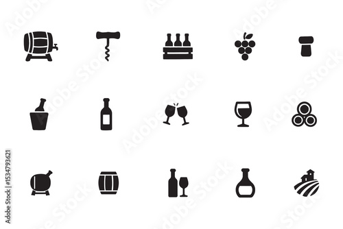 Wine icon set, collection of winery and winemaking glyph symbols, simple black vector silhouette illustration for bar menu or viticulture design
