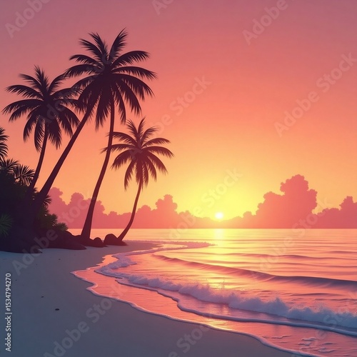 Tropical Sunset on a Serene Beach with Palm Trees
