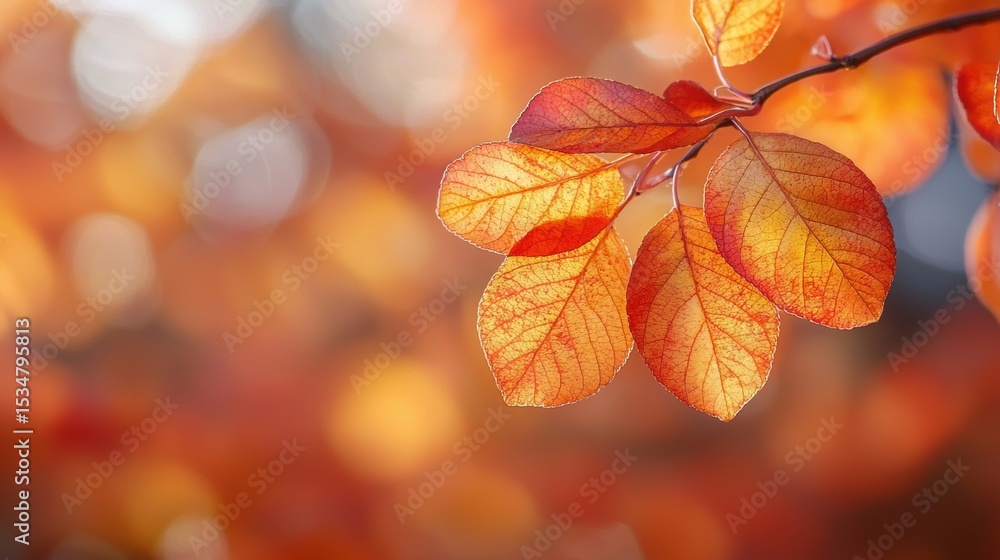 Vibrant Orange Leaves with Red Spots on Branch in Autumn Bokeh Background Vibrant Orange Leaves with Red Spots on Branch in Autumn Bokeh Background