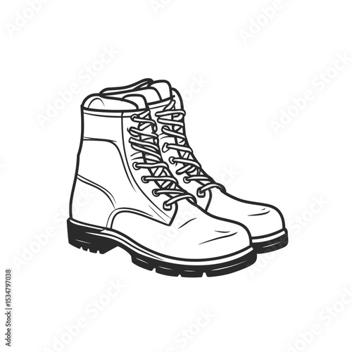 Black and White Line Art Illustration Pair of LaceUp Ankle Boots with Thick Soles