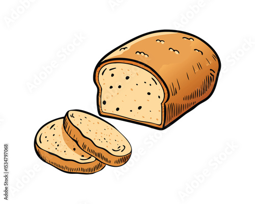 "Freshly Baked Bread Loaf with Sliced Pieces, Bakery Food Illustration"
