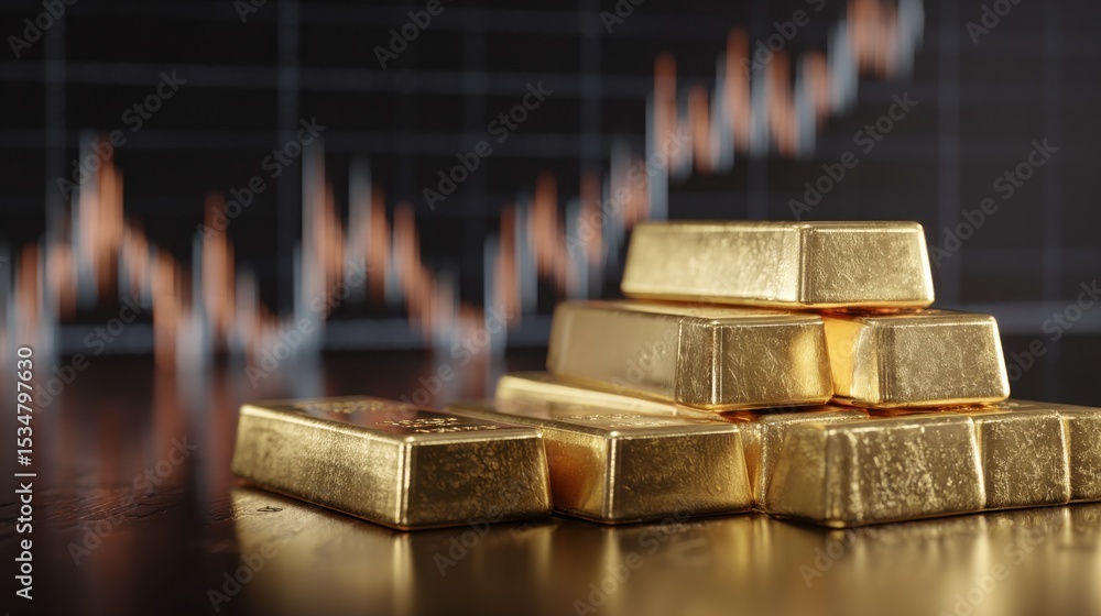 A stack of gold bars is shown with a graph in the background. The bars are piled on top of each other, and the graph shows a downward trend. Scene is one of uncertainty and potential loss A stack of gold bars is shown with a graph in the background. The bars are piled on top of each other, and the graph shows a downward trend. Scene is one of uncertainty and potential loss