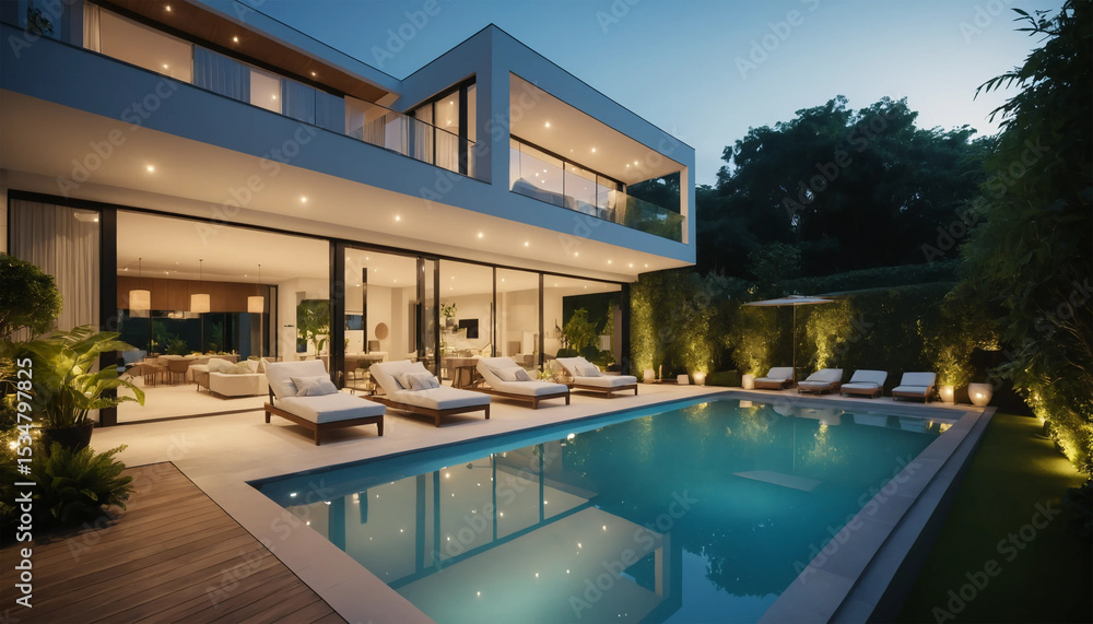 Obraz premium The atmosphere in front of the house has a pond.