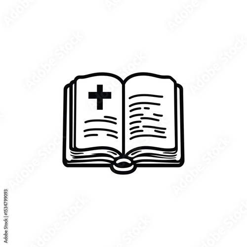 Black and White Line Art Open Book with Cross Religious Symbol