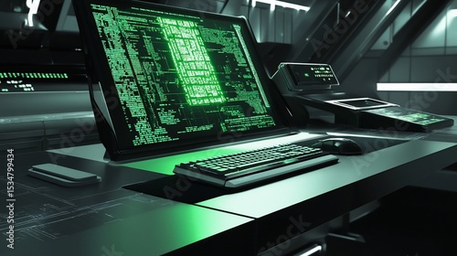 Futuristic cyber security interface with green code on monitor screen