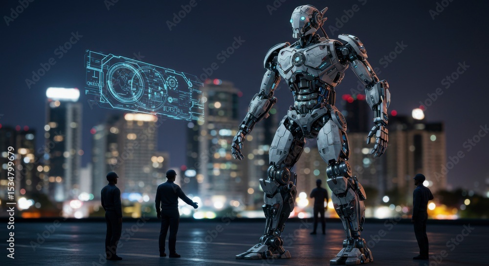 Naklejka premium Futuristic robot towering over city skyline, watched by people
