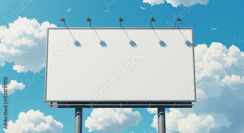 Anime Style Large Outdoor Billboard Mockup with Birds in Sky