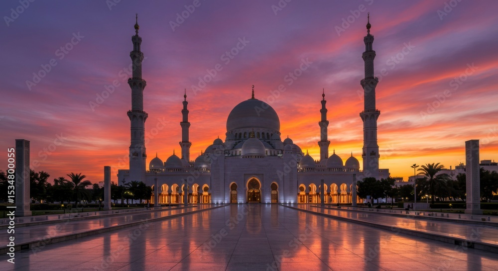 Obraz premium Grand mosque at sunset, reflecting in water. Majestic white structure, vibrant sky