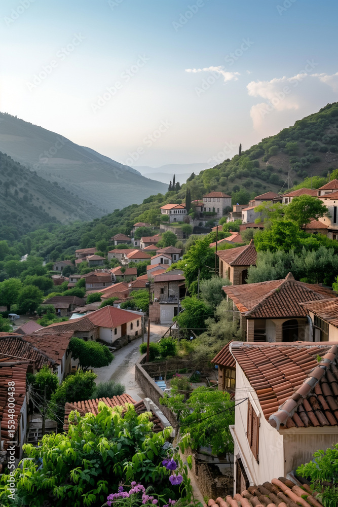 Fototapeta premium Stunning view of red rooftops in old town surrounded by breathtaking landscapes