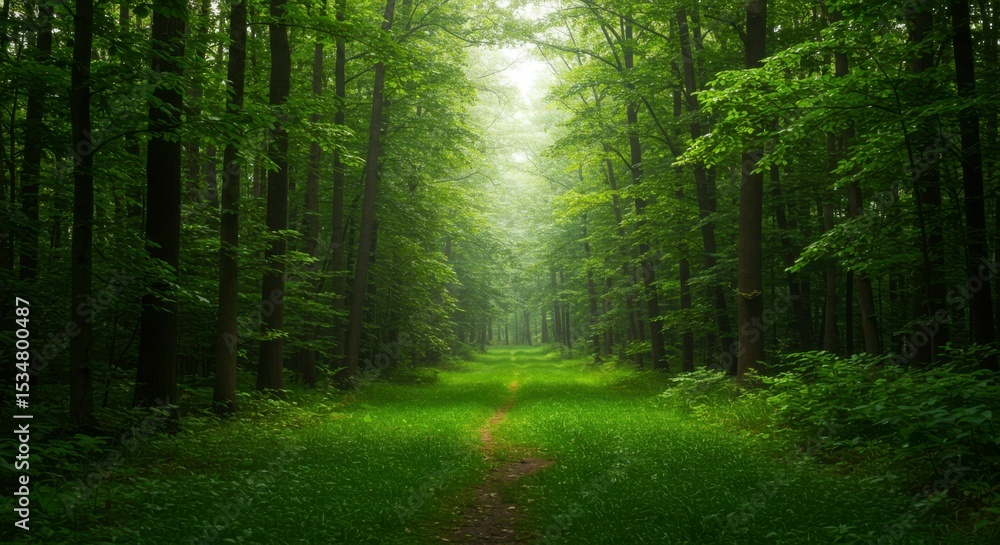 Fototapeta premium Lush forest path, light filtering through trees