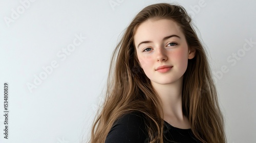 Portrait of a beautiful young woman with long brown hair and blue eyes