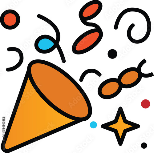 Colorful confetti popper icon. An exploding party popper with streamers and stars, symbolizing celebration and surprise. Flat outline vector illustration.