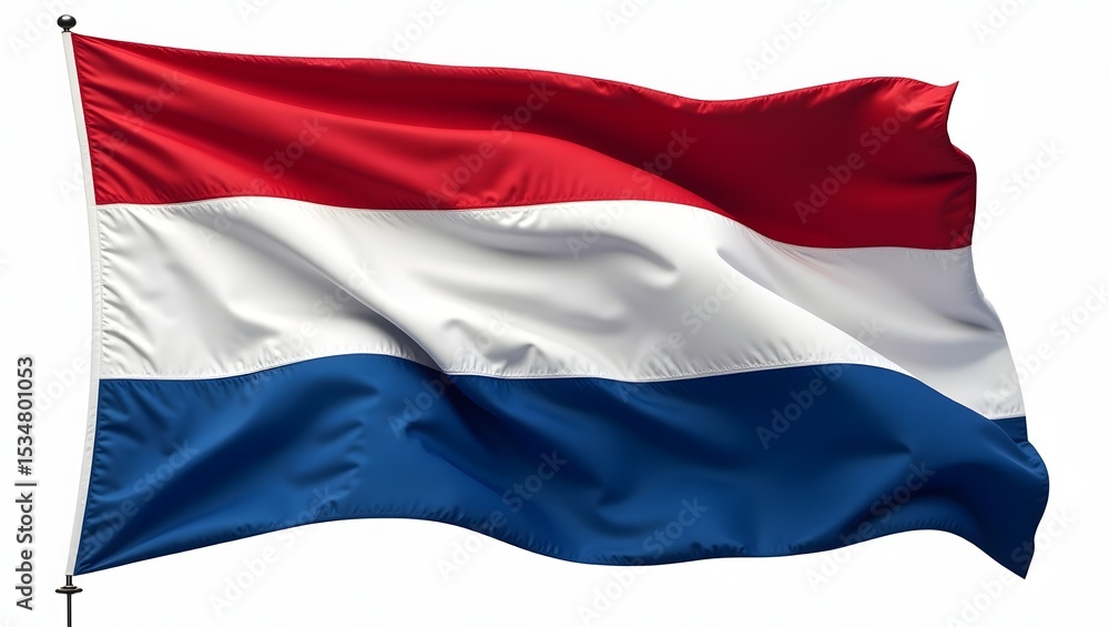 Naklejka premium Photorealistic Netherlands flag with red, white, and blue horizontal stripes. Realistic fabric texture and folds, isolated on white background, symbol of Dutch national identity.