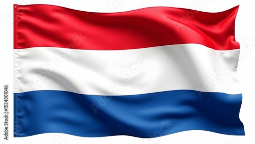 Photorealistic Netherlands flag with red, white, and blue horizontal stripes. Realistic fabric texture and folds, isolated on white background, symbol of Dutch national identity.