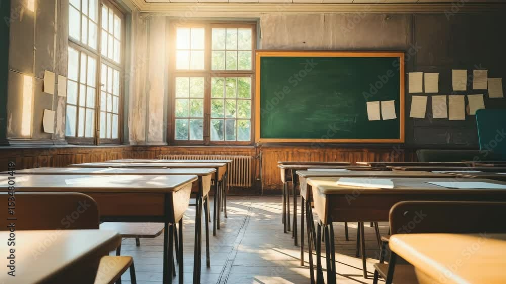 Schoolroom with Sunlight and Empty Student Schoolroom with Sunlight and Empty Student