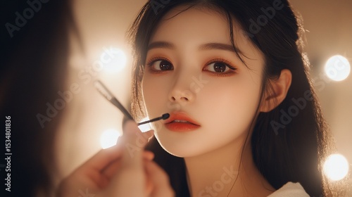 Close-up Portrait of a Beautiful Asian Woman Applying Lip Makeup in a Studio