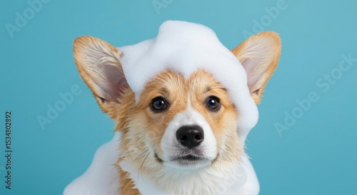 A fluffy dog covered in suds, looking directly at the camera, against a light blue background