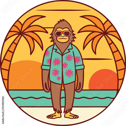 Bigfoot on tropical beach vacation wearing hawaiian shirt