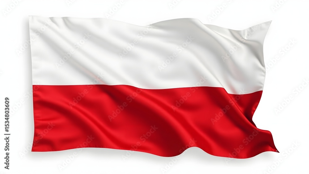 Naklejka premium Photorealistic flag of Indonesia with two horizontal bands in red and white, isolated on white background, sharp focus, natural fabric folds.