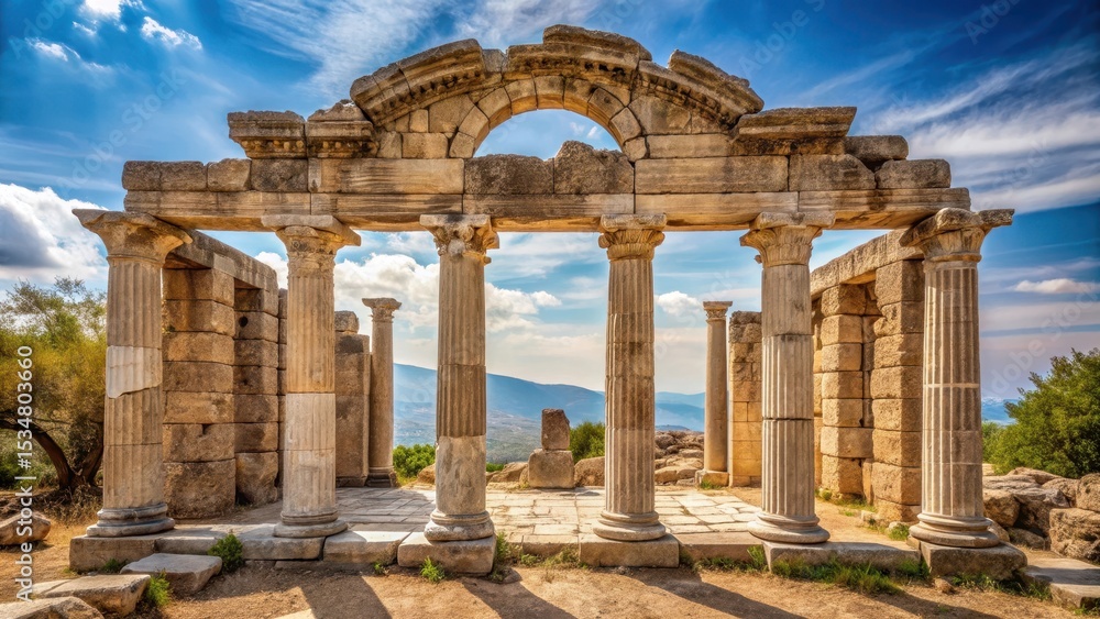 Obraz premium Ancient stone structure with Greek-style columns and arches in ruins