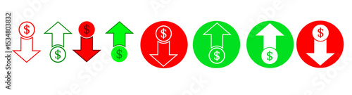 Bitcoin price trends with up and down arrows. Profit and loss crypto icons. Bull and bear cryptocurrency market icons. Green for rising value, red for falling. Use for cryptocurrency and finance apps.