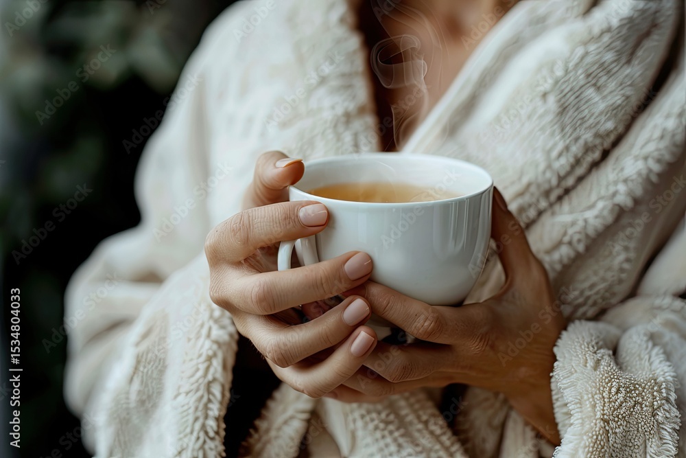 Pixel Perfect Picture of Woman in Bathrobe Holding Cup of Hot Tea Outumn Mood Pixel Perfect Picture of Woman in Bathrobe Holding Cup of Hot Tea Outumn Mood