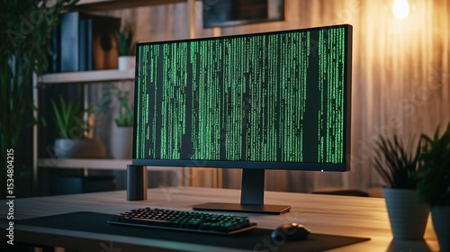Close-up of a Monitor Displaying Green Binary Code in a Cyber Environment