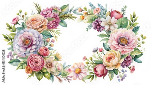 Detailed watercolour painting of a floral wreath with intricate details and soft colours
