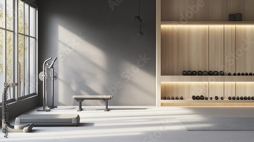 Modern minimalist home gym interior with weightlifting equipment, creating an ideal space for exercise and fitness enthusiasts