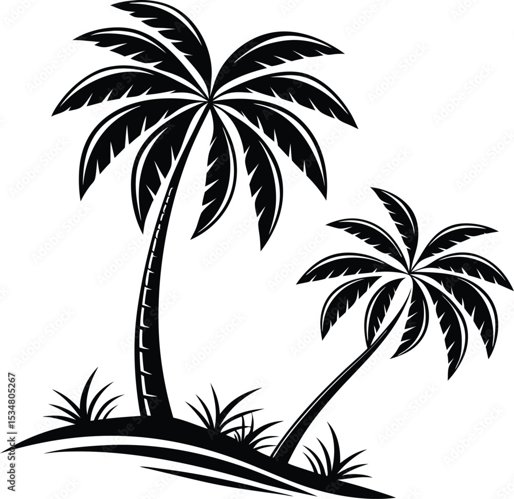 Fototapeta premium Two black silhouette palm trees on a white background