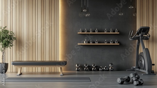 Modern minimalist gym interior with exercise equipment and dumbbell sets