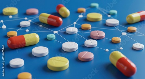 Assorted pills and capsules interconnected, illustrating pharmaceutical networks or medication interactions