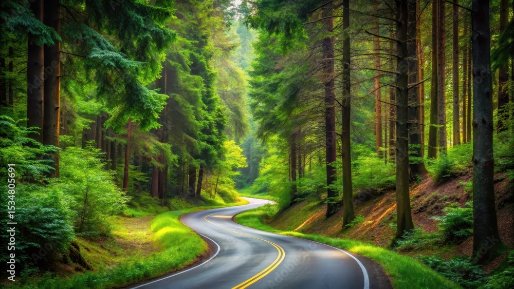 Fototapeta premium A winding road cuts through the dense forest with a gentle curve