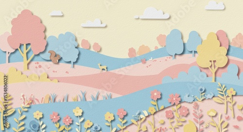 Charming Paper Cut Pastel Forest Landscape with Woodland Animals and Birds