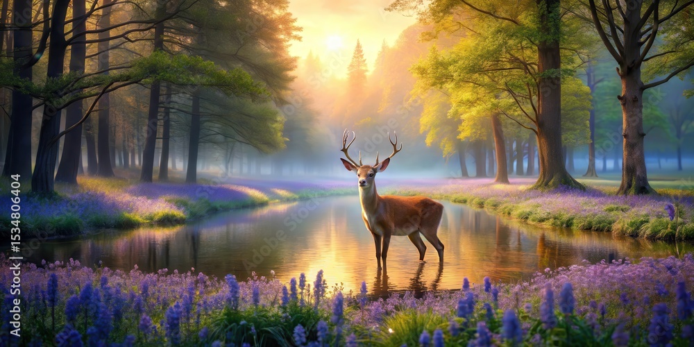 Fototapeta premium Deer surrounded by bluebells in a lush meadow under the warmth of sunset