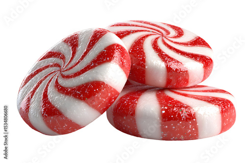 Three red and white peppermint candies stacked on a transparent background perfectly