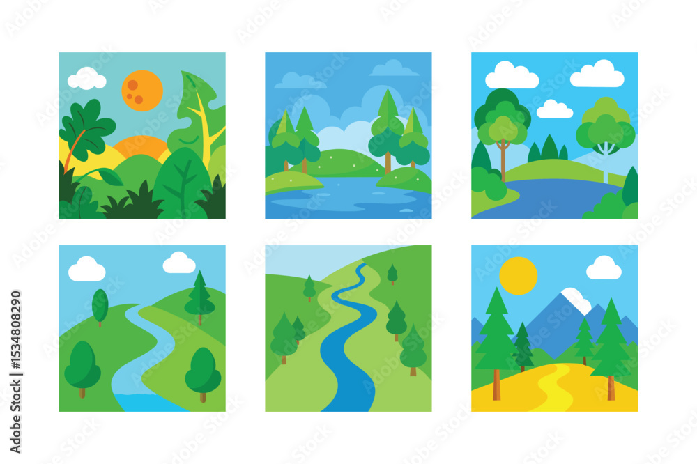 Fototapeta premium A Whimsical Journey Through Nature Six Square Illustrations Displaying Varied Landscapes Featuring Lush Greenery Serene Waterways and Towering Mountains