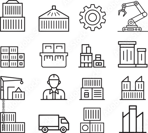 Industrial Line Icon Set Manufacturing, Logistics, and Factory Vector Collection, Manufacturing Line Icon Set, Clean Line Icons for Industry Use, Clean Line Icons