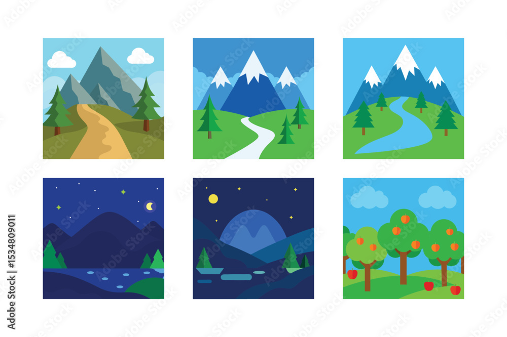 Naklejka premium A Collection of Cartoon Landscapes Featuring Mountains, Rivers, Trees, and Night Skies with Stars and an Apple Orchard